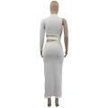 Superstarer Fashion Hole Hollow Lace-up Casual Solid Color Long White Dress Single Sleeve